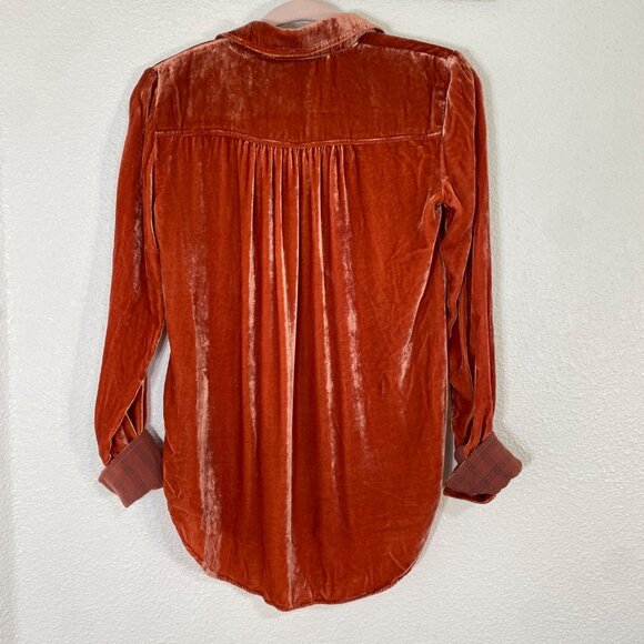 Anthro Holding Horses Rust Silk Blend Crushed Velvet Button Down Blouse Shirt XS - Picture 7 of 16